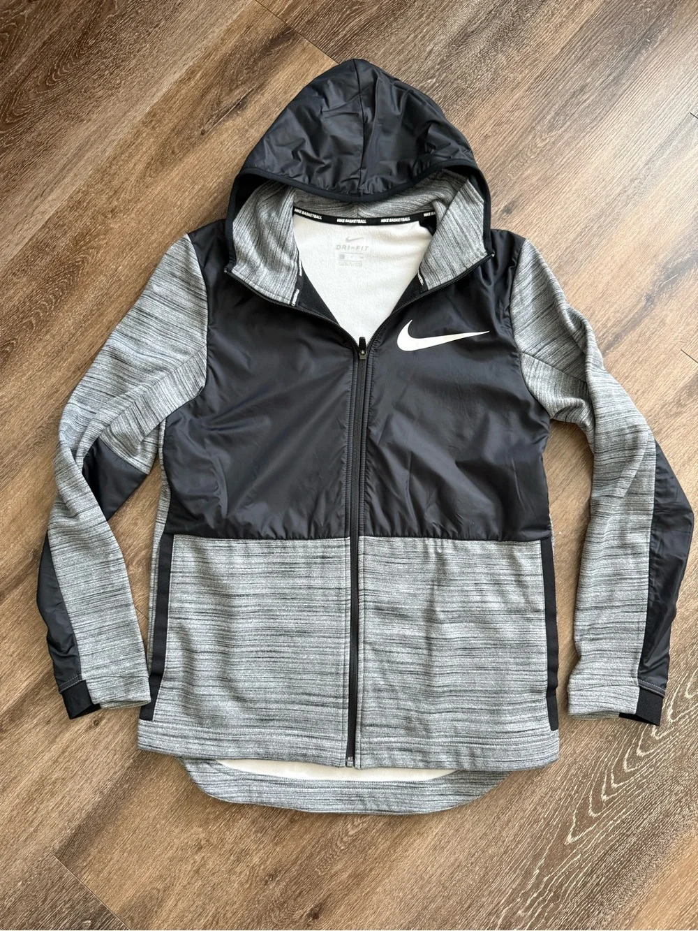Nike Black and Gray Hooded Full-Zip Jacket with White Swoosh